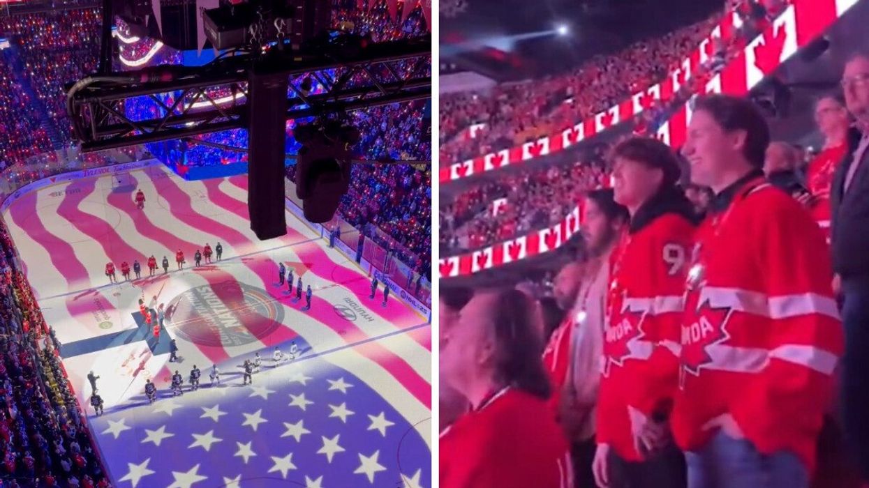 The American national anthem is played ahead of a 4 Nations Face-Off game. Right: Justin Trudeau at the Bell Centre in Montreal.