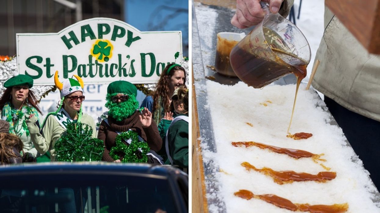 The annual Saint-Patricks Day Parade. Right: A person pouring maple syrup on snow to create "la tire," in Quebec.