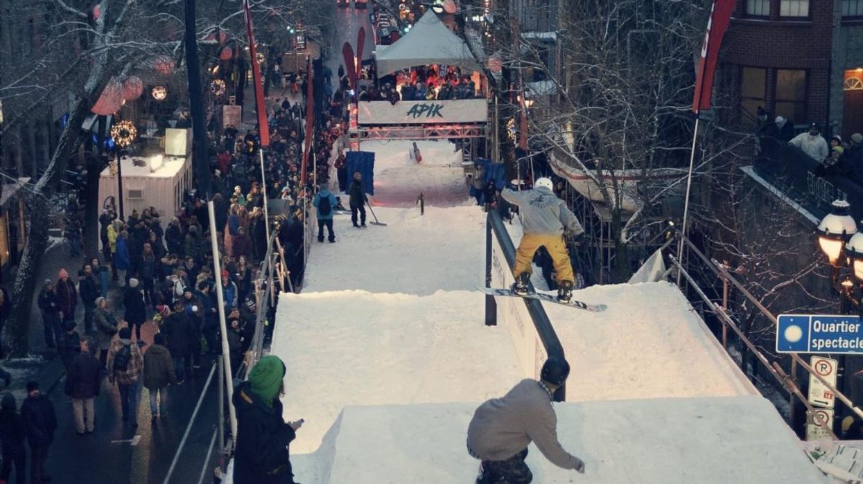 The APIK urban winter festival with skiing and snowboarding in downtown Montreal.
