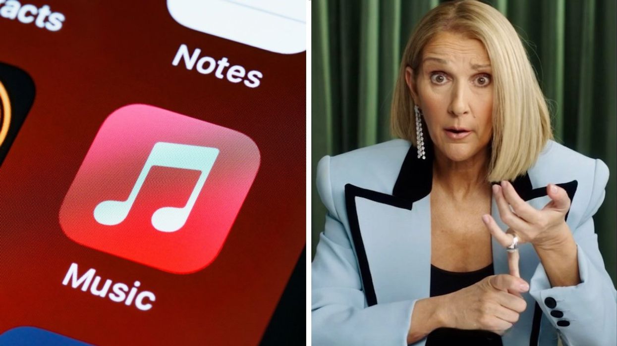 The Apple Music icon on a phone home screen. Right: Celine Dion wearing a blue and black blazer, posing confusingly into the camera while she holds a single finger down.