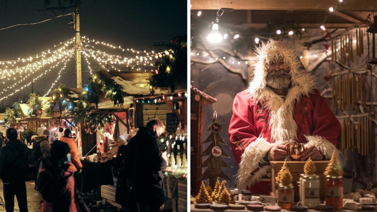 The Atwater Christmas market at night. Right: Santa Claus at a Village de Noël stall.