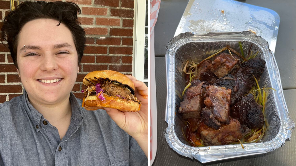 The author holding a pulled pork sandwich. Right: A box of burnt ends sits open.