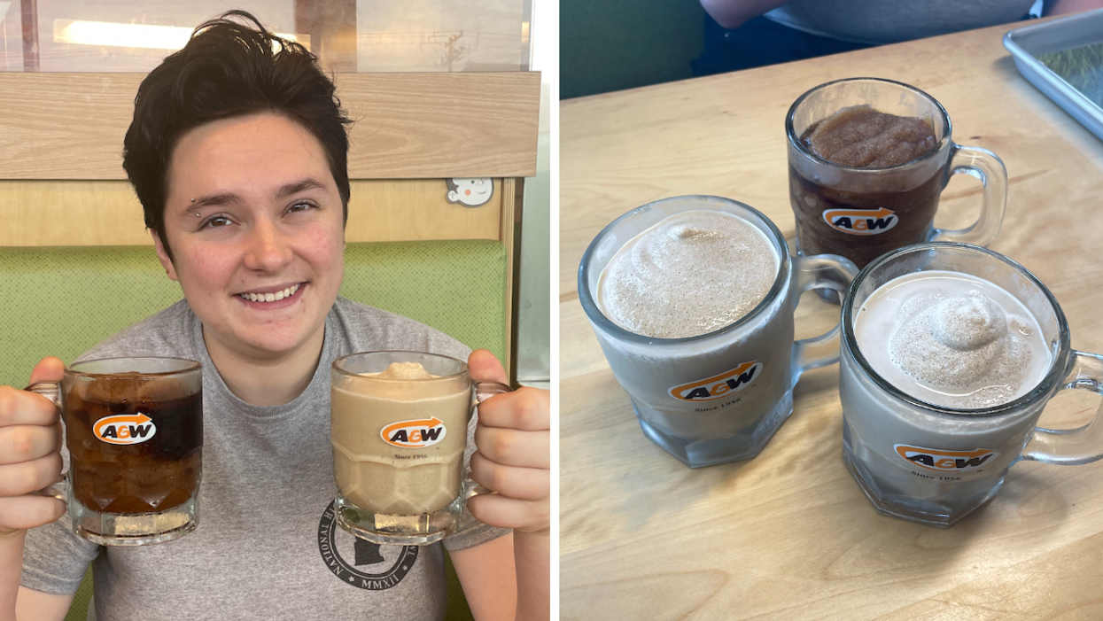 The author holding two Frozen A&W concoctions. Right: All three Frozen drinks sit on a table.