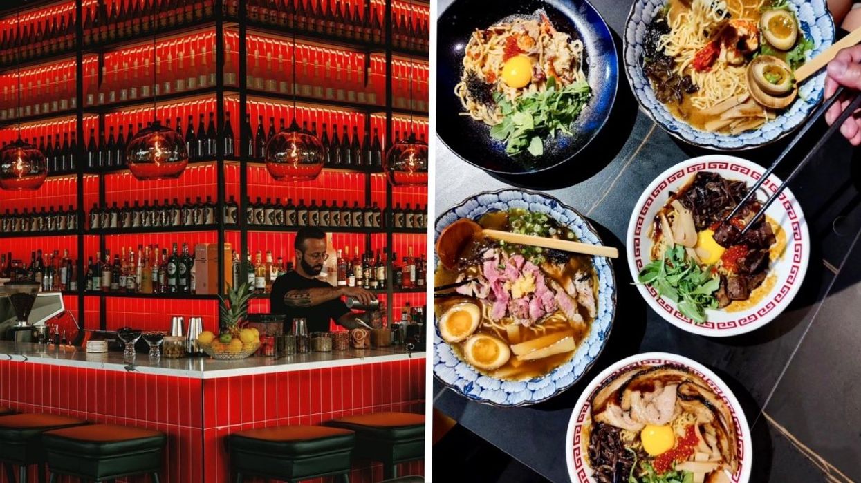 The bar at Shushuto Japanese restaurant in Montreal. Right: A number of ramen dishes from Shushuto in Montreal..