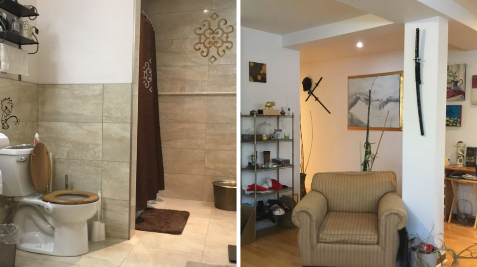 The bathroom of this 3 1/2. Right: A section of the relatively large living space.