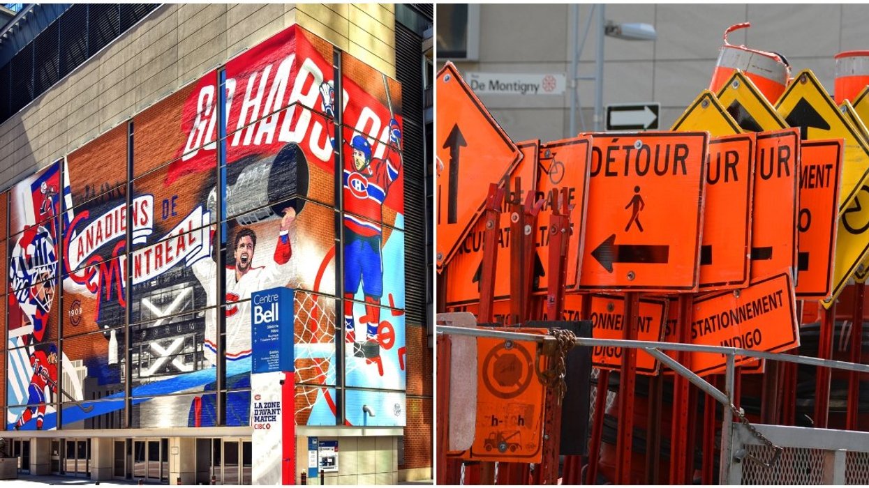 The Bell Centre in Montreal. Right: Construction signs in Montreal.