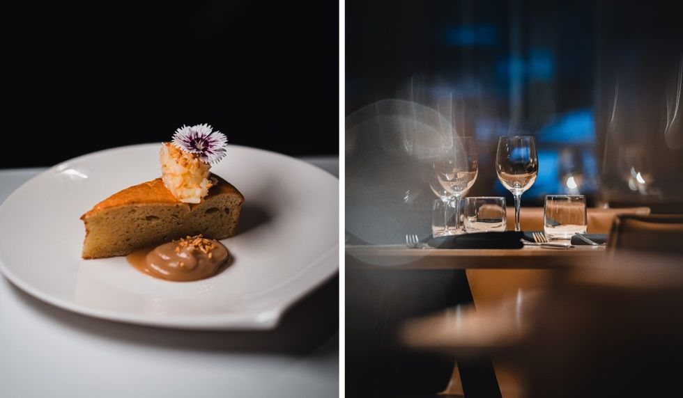 The bibingko served at Junjun Montreal. Right: The tbale setting at Montreal restaurant Junjun.