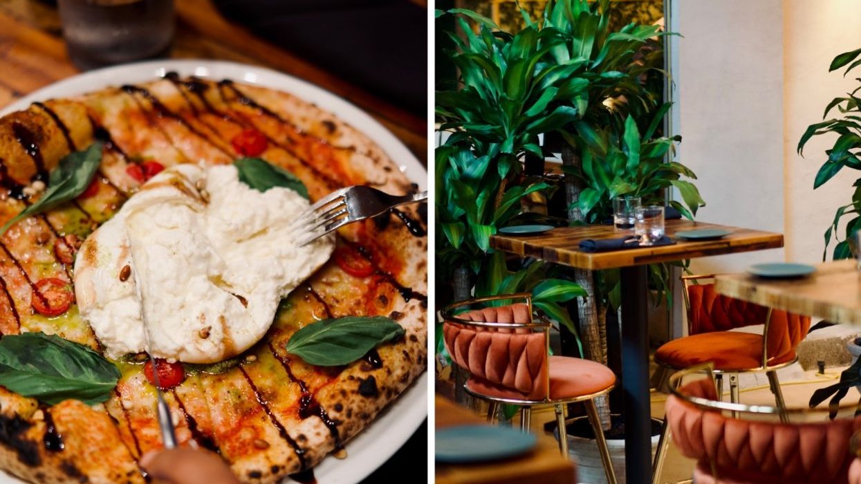 The burrata Neapolitan pizza from Tiamo in Montreal, Right: The interior of Montreal's new Italian restaurant Tiamo.