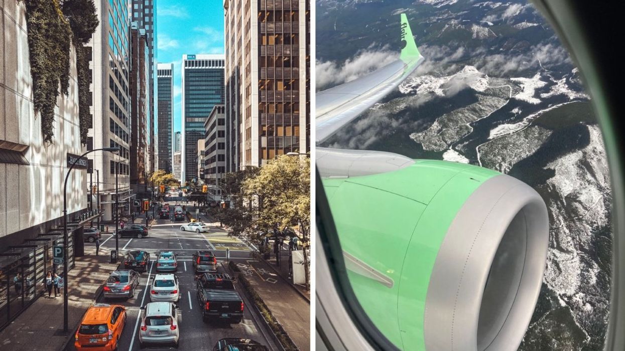 The busy streets of Vancouver, British Columbia. Right: A Flair Airlines plane engine flying over the Canadian Rockies.