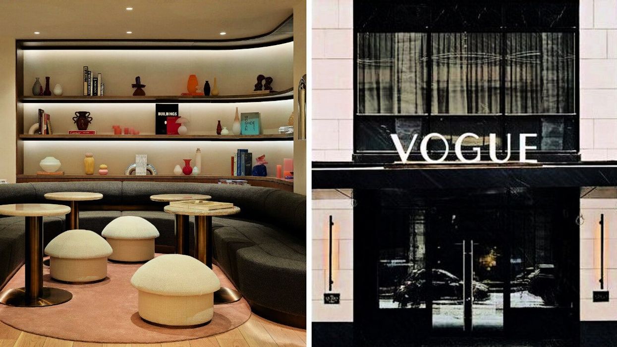 The Cabinet of Curiosities is a discreet alcove, curated with artifacts and books. Right: The Vogue Hotel entrance.