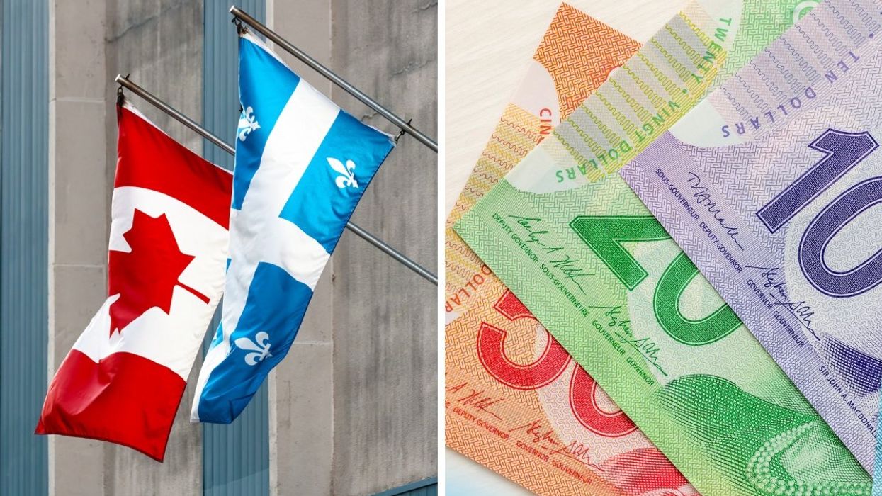 The Canada and Quebec flags flying together. Right: A pile of Canadian banknotes including a $50, $20 and $10 bill.