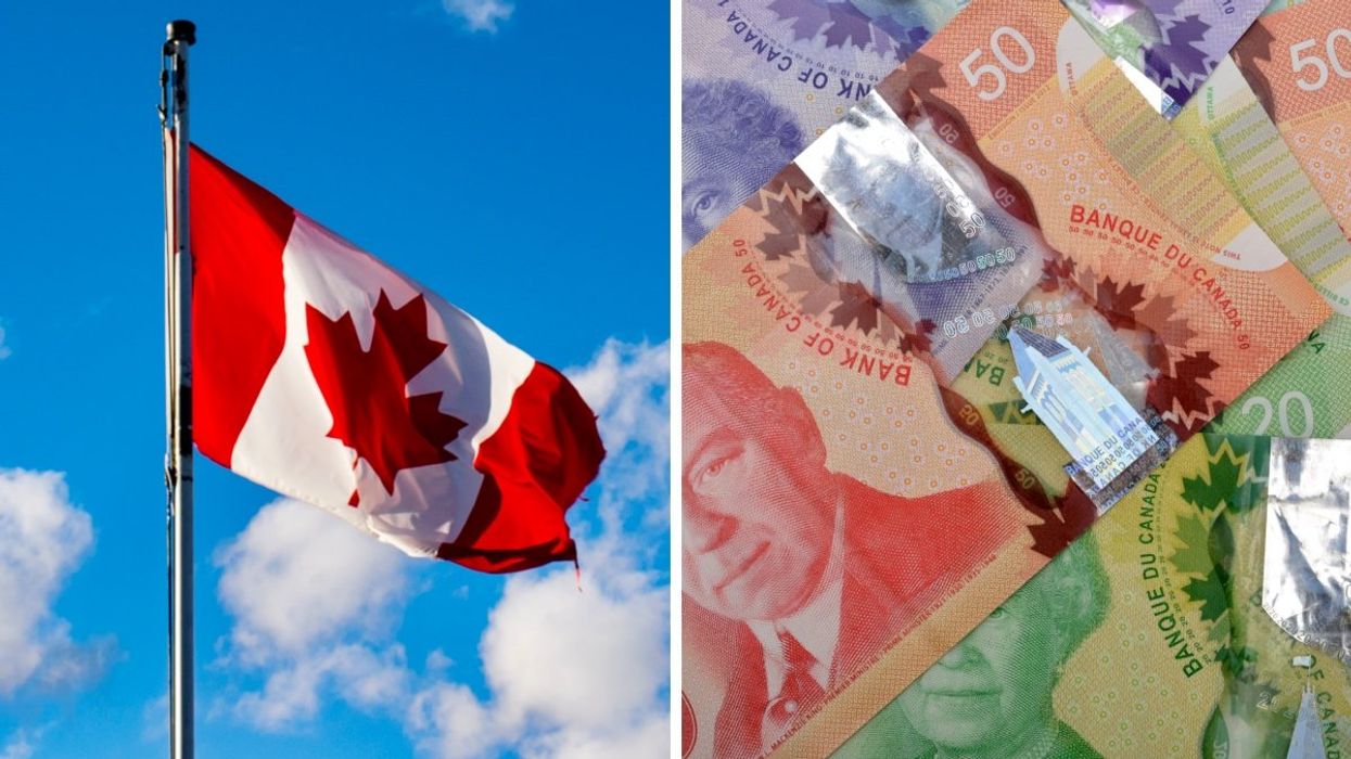 The Canadian flag attached to a metal pole waving in the sky. Right: A pile of Canadian money including a $50, $20 and $10 bill.