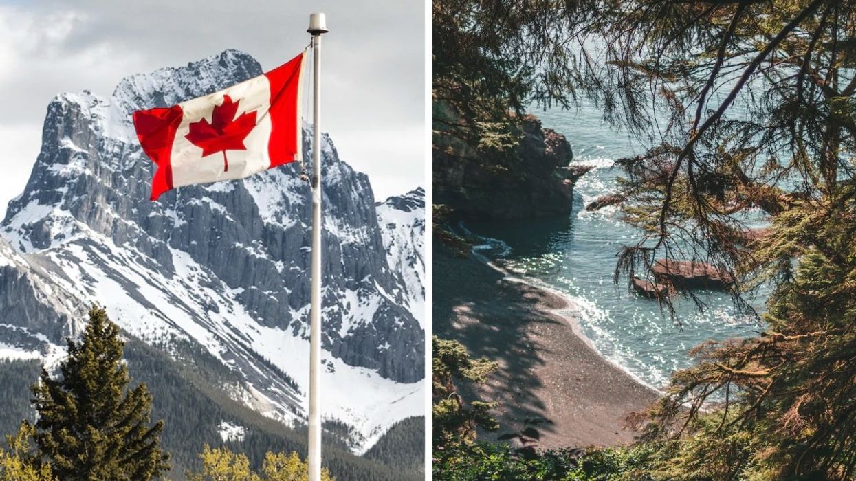 The Canadian flag flying in British Columbia, Right: A beach on Vancouver Island.