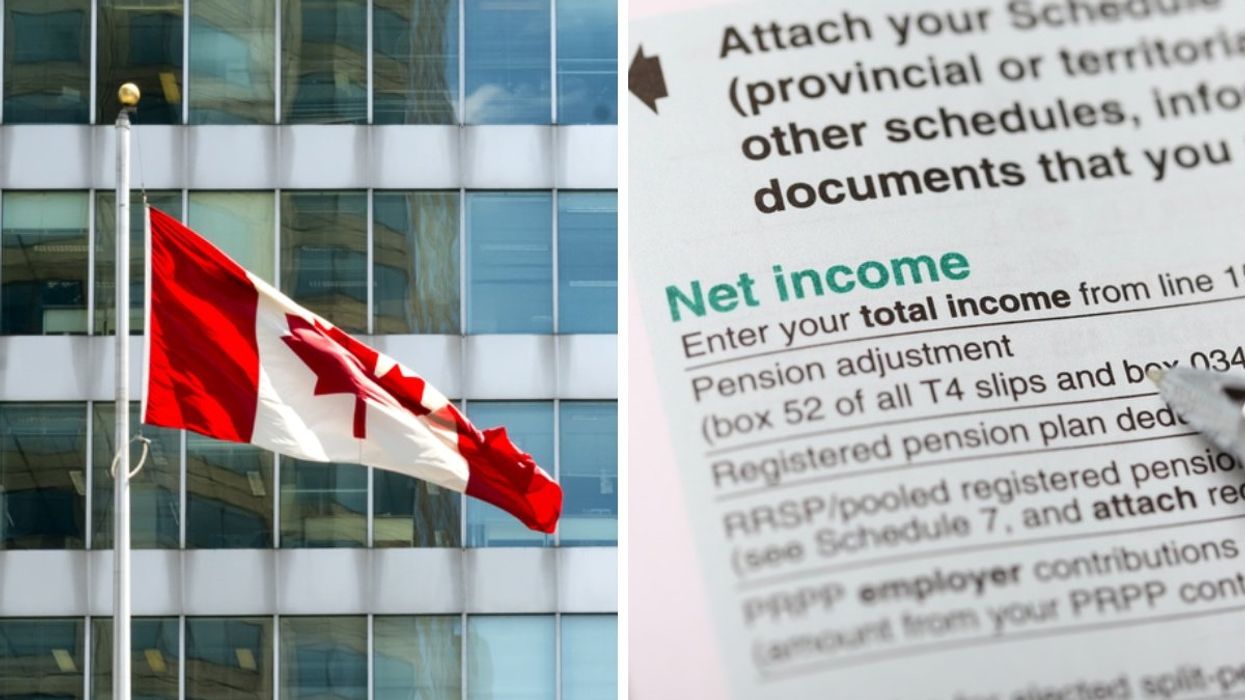 The Canadian flag flying outside of a government building. Right: A closeup of a Canada income tax form.
