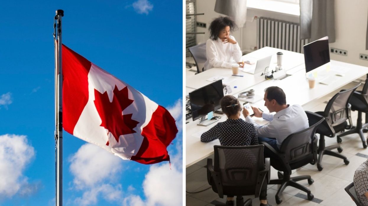 The Canadian flag, Right: A group of people working at desks in an office.