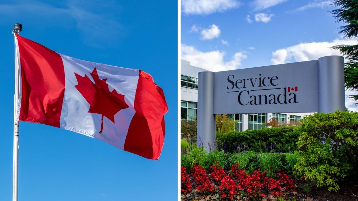 The Canadian flag. Right: The exterior of a Service Canada building.