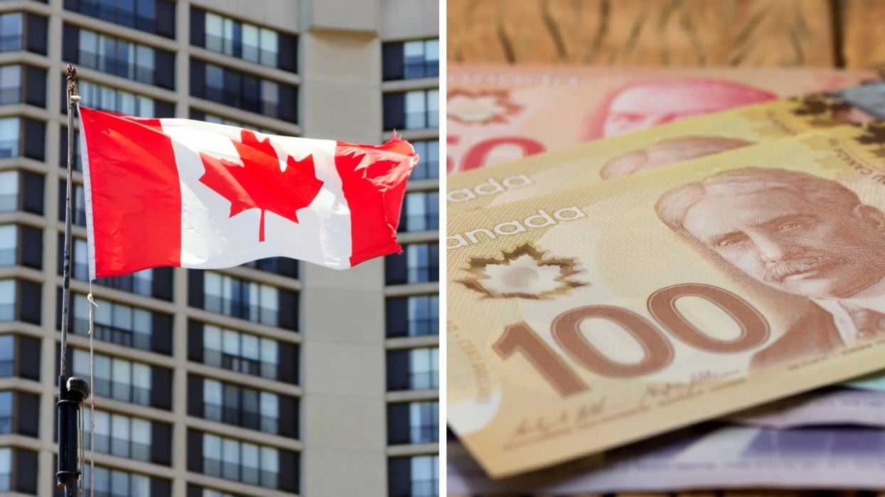 The Canadian flag waving in front of a Government of Canada building. Right: A pile of money including $100, $50 and $10 Canadians bills.