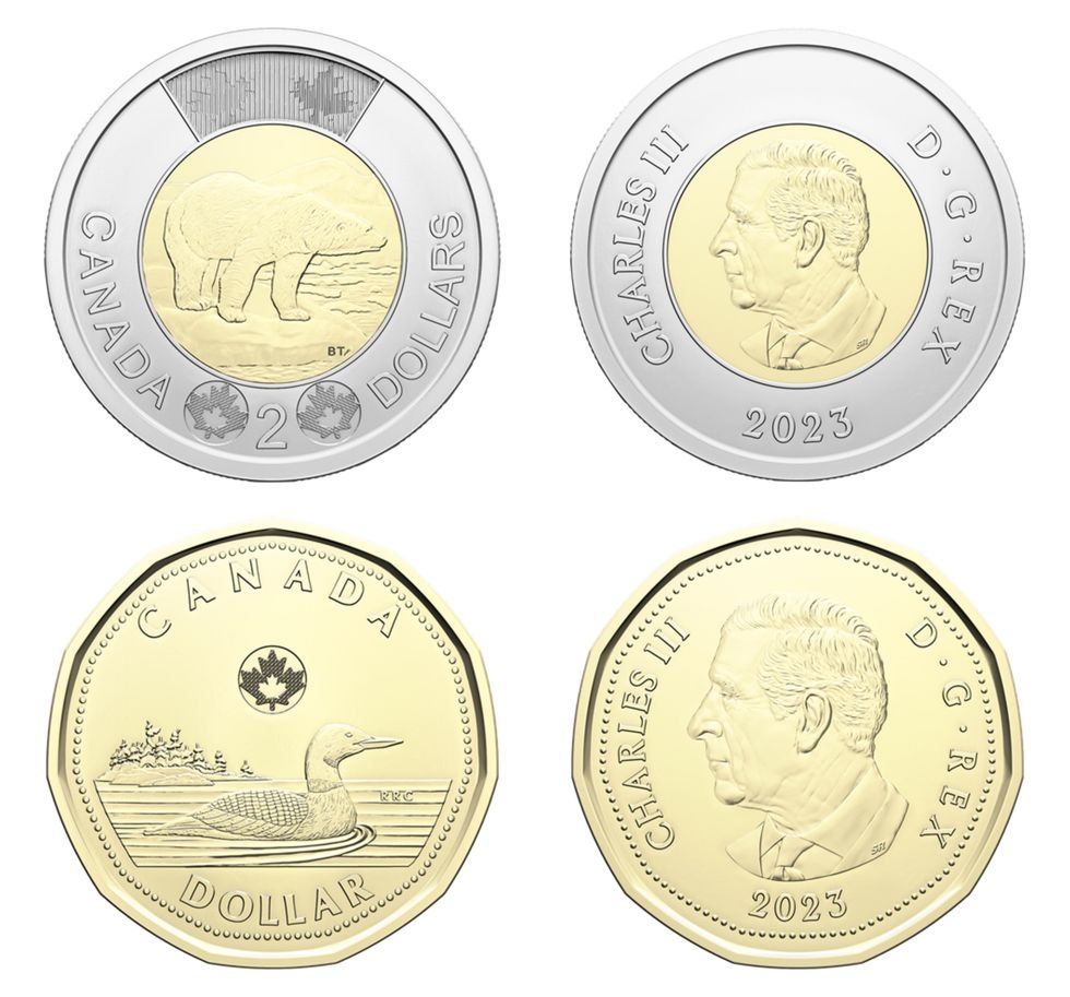 The Canadian loonie and toonie with the new King Charles III effigy.