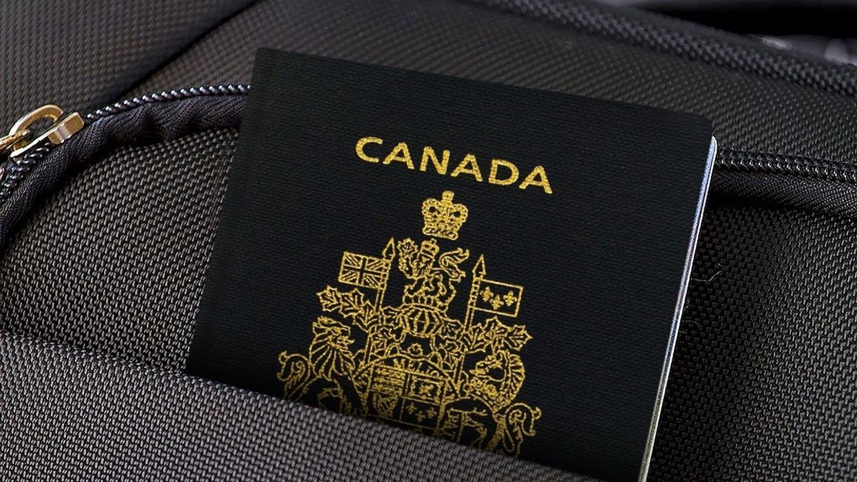 The Canadian passport tucked into a luggage compartment.