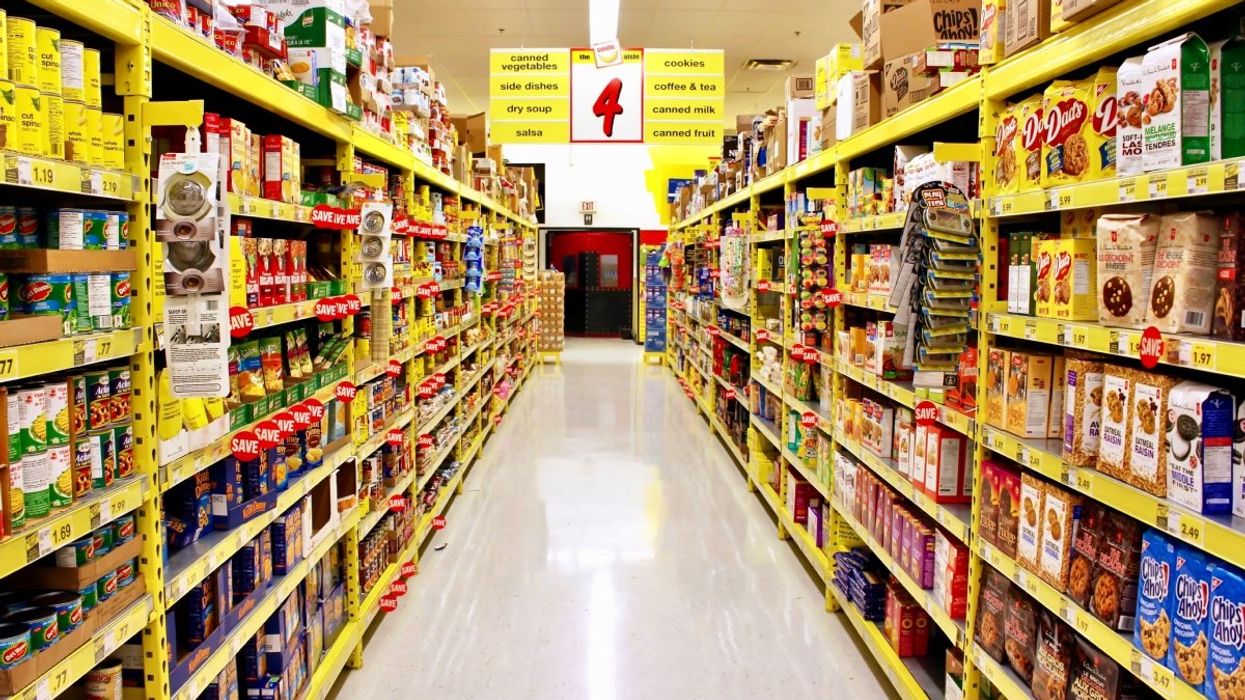 The canned food, soup and cookies aisle of a Canadian grocery store.