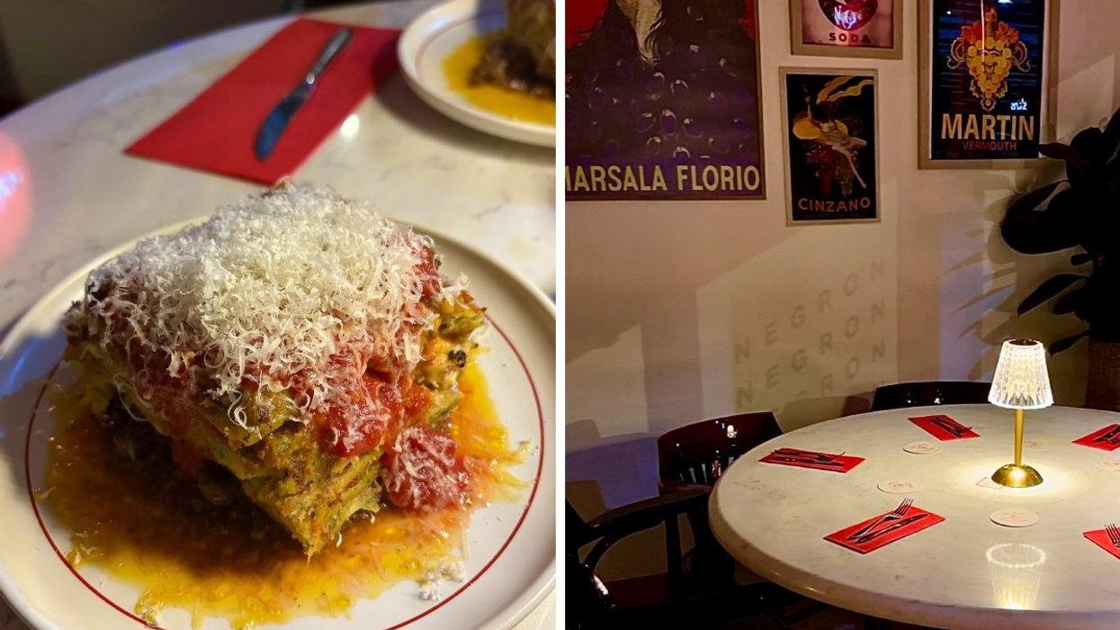 The classic lasagna from Gino's in Montreal. Right: The interior decor at Gino's Italian restaurant in Montreal.