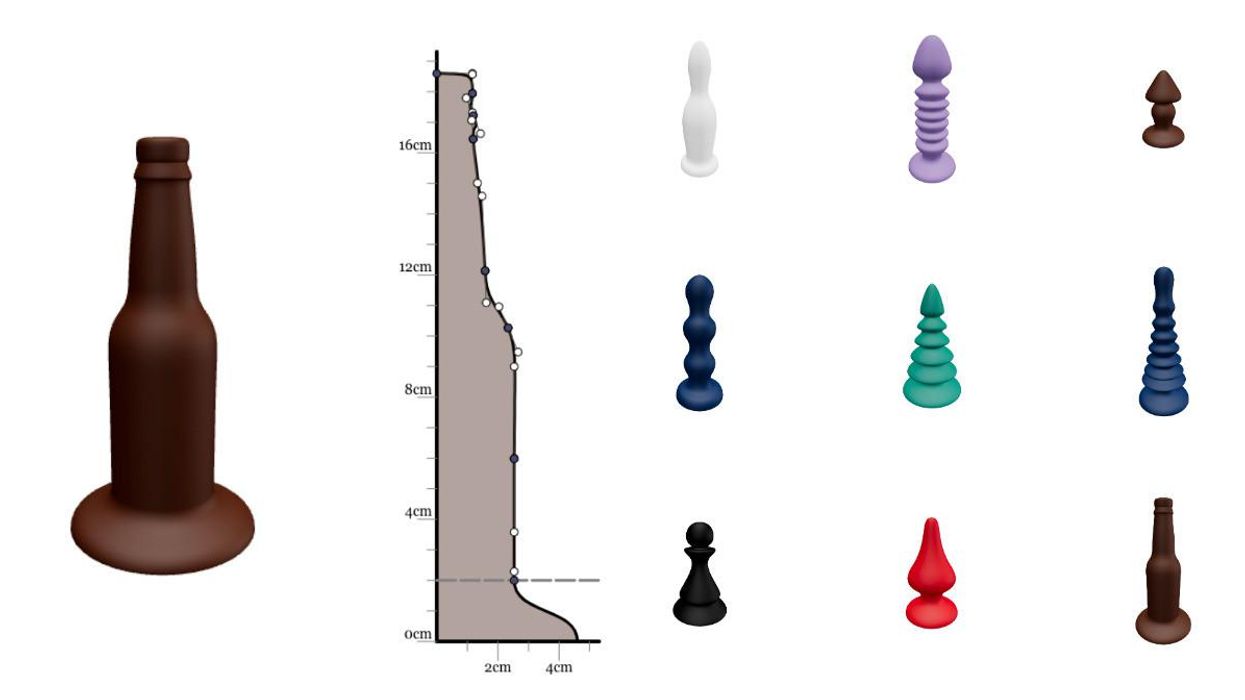 "The Cold One," shaped like a beer bottle, is one of over a dozen fully customizable sex toys available from Freely. Right: Shapes include bowling pins, pine trees and chess pieces.