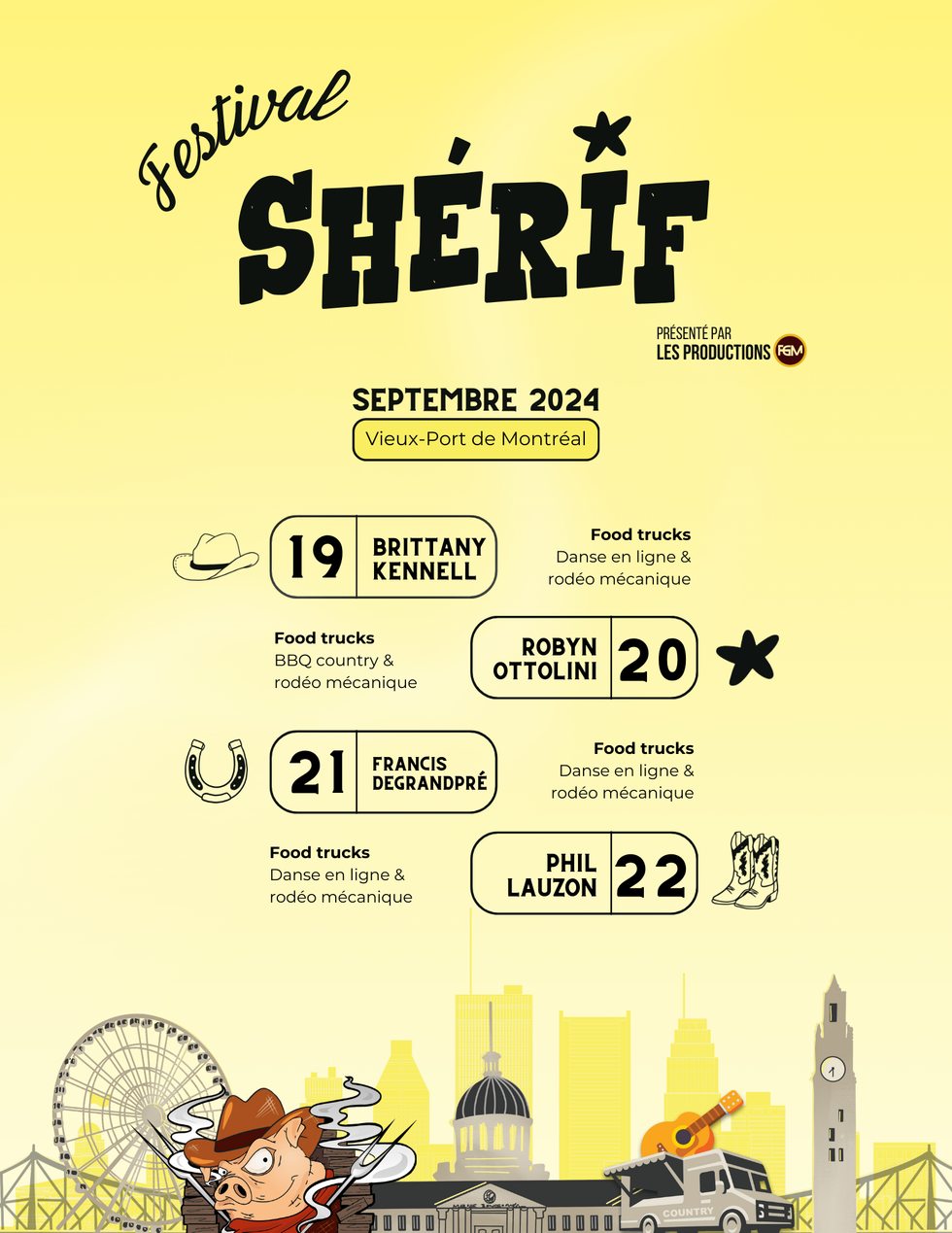 The complete program and lineup for an upcoming country music festival in Montreal. \u200b