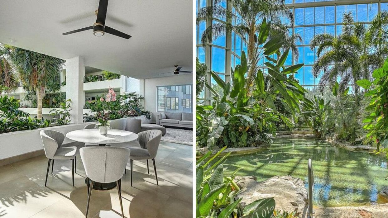 The condo's dining room, surrounded by lush greenery. Right: The atrium and indoor pool.