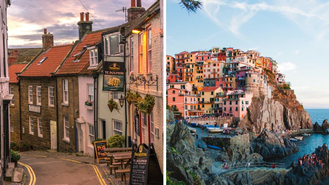 The cozy and quaint streets of England. Right: The Cliffs of Cinque Terre, Italy, at dusk.