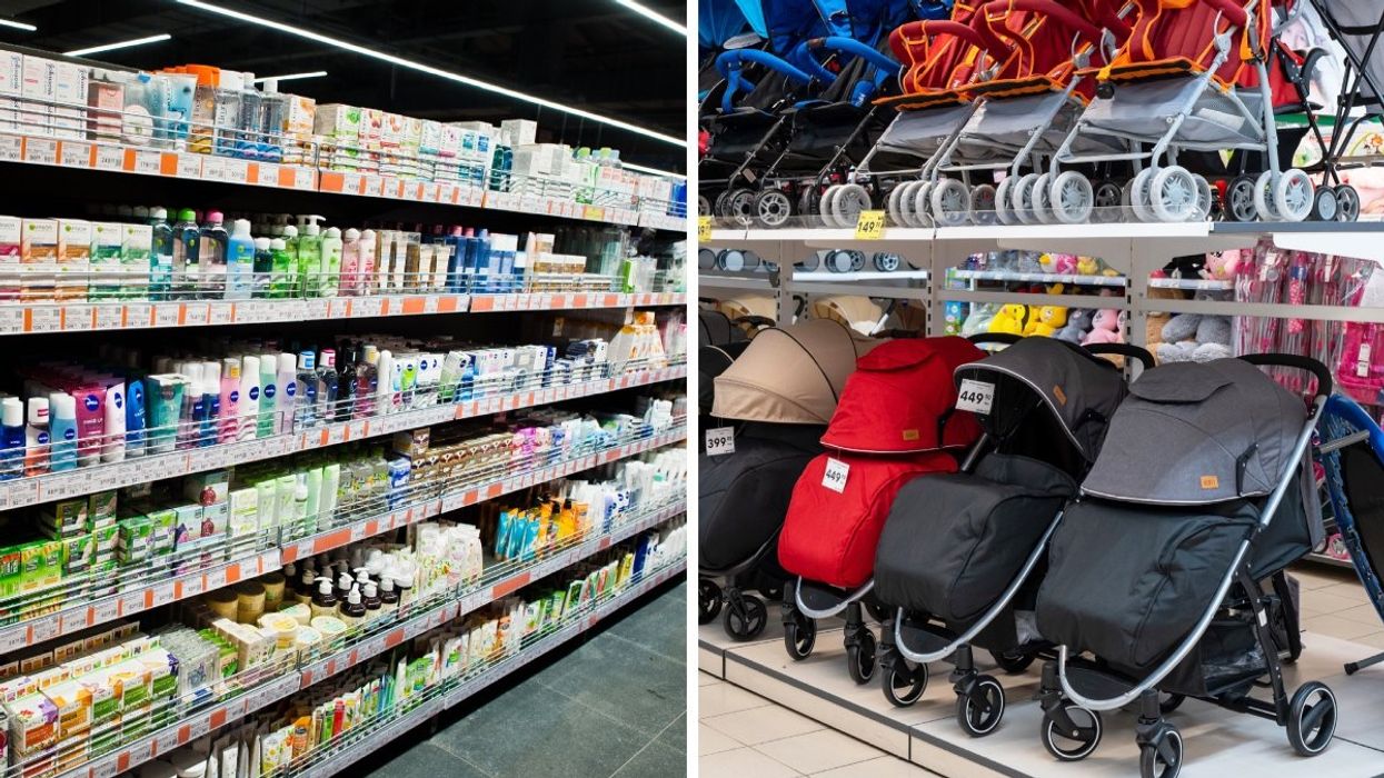 The cream aisle at a pharmacy. Right: A number of baby strollers lined up in a store.