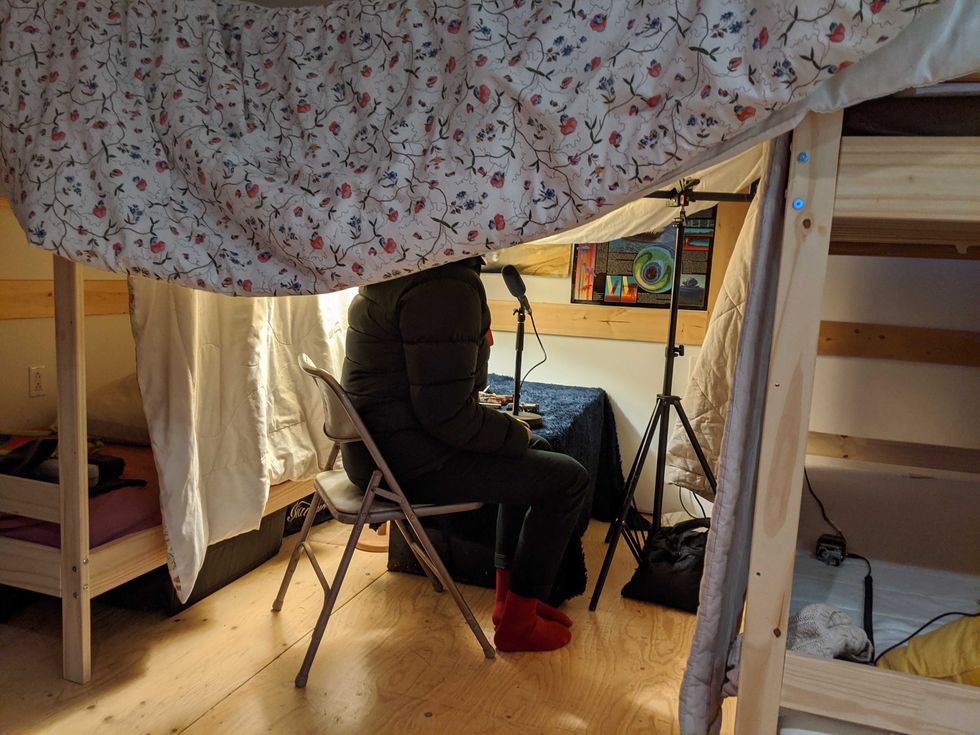 The crew's first recording "studio."