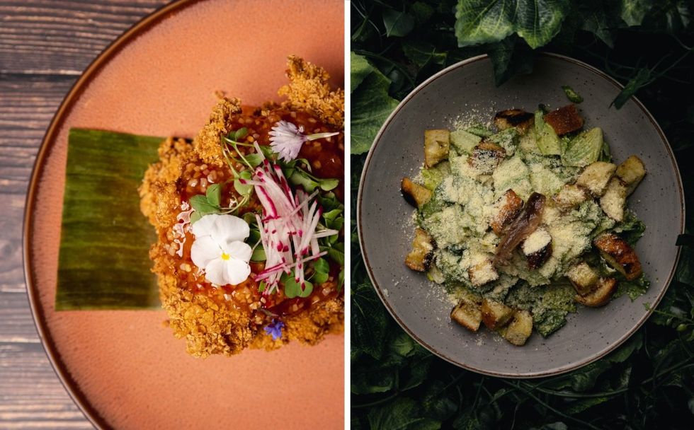 The crispy fried chicken and Caesar salad from Terrasse Maya in Montreal, Quebec.