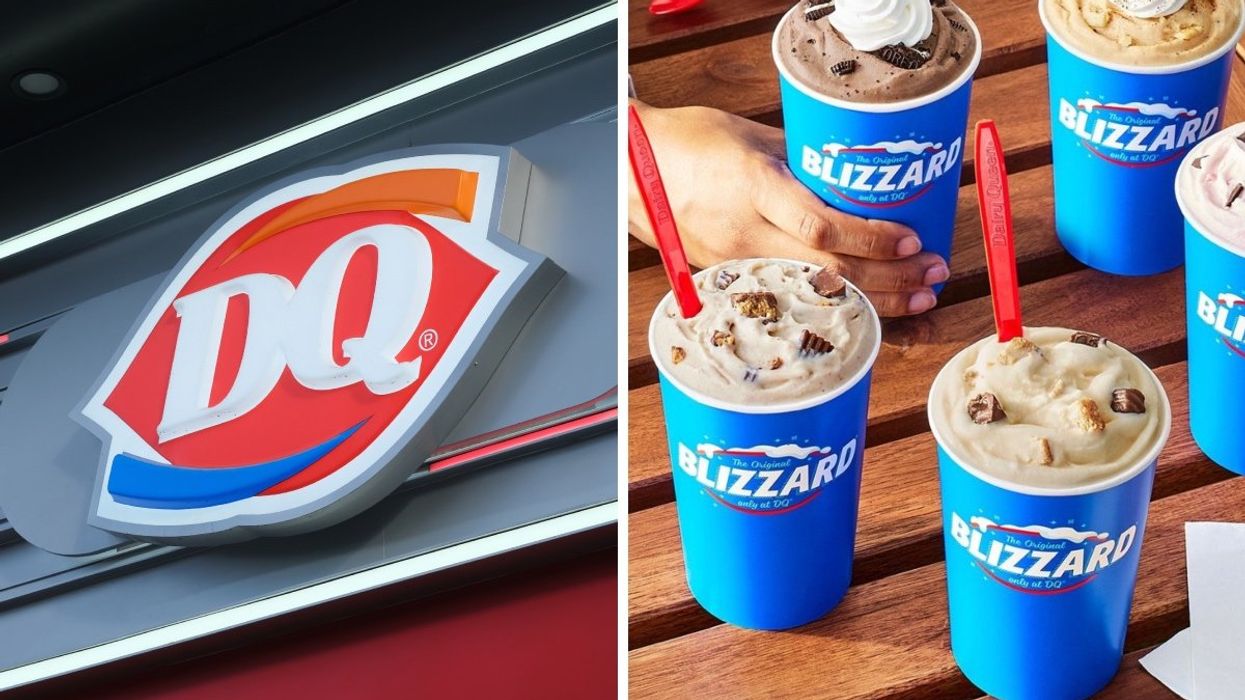 The Dairy Queen logo. Right: Several Dairy Queen Blizzard flavours atop a wood patio table.