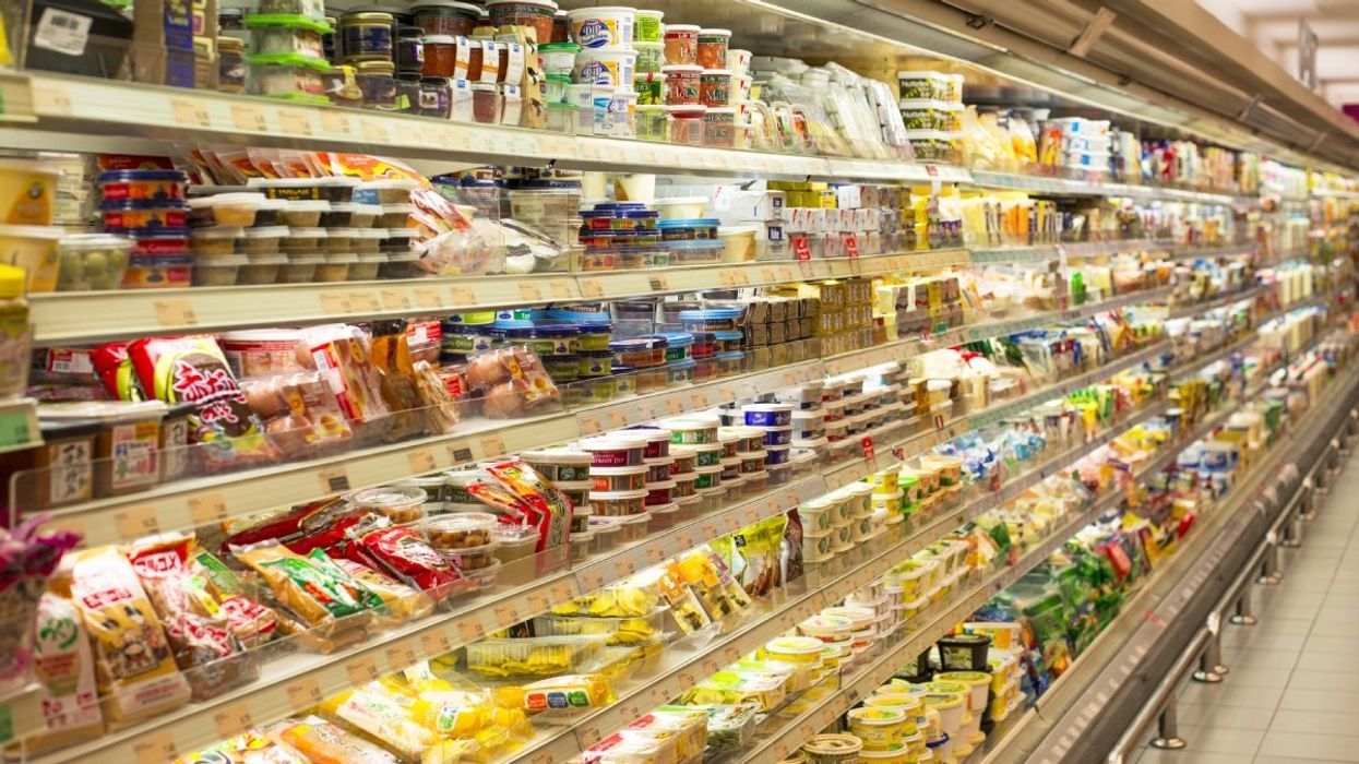 The dip, dressing and spreads fridge section at a grocery store in Canada.