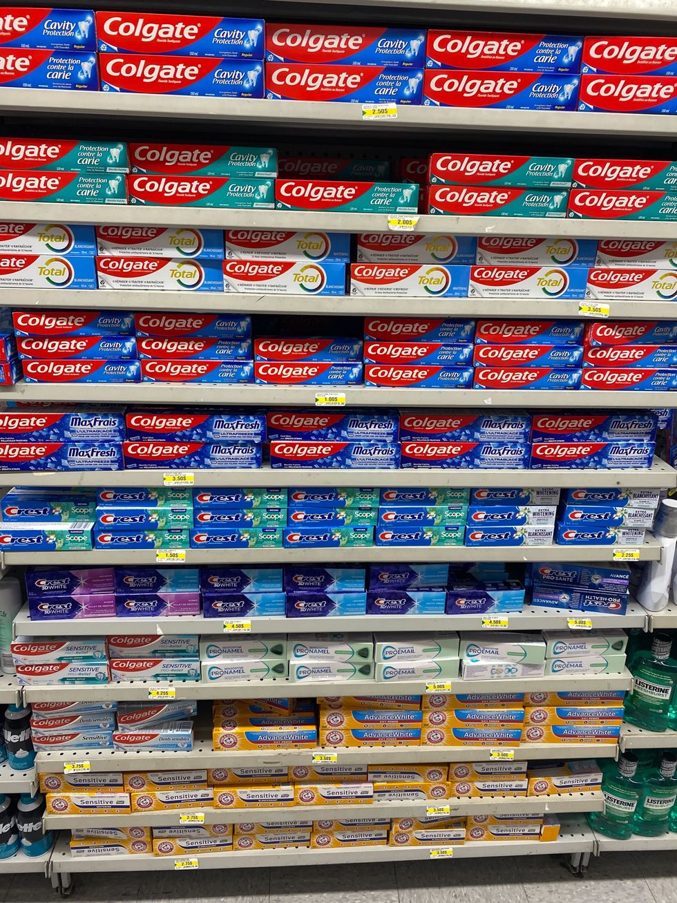 The Dollarama toothpaste section.