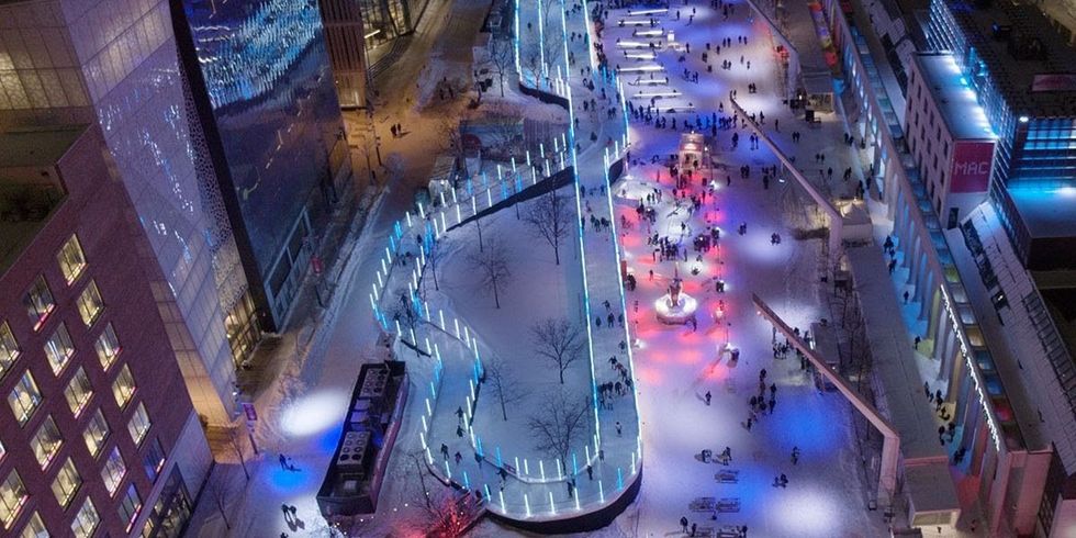 The elevated and illuminated skating track.