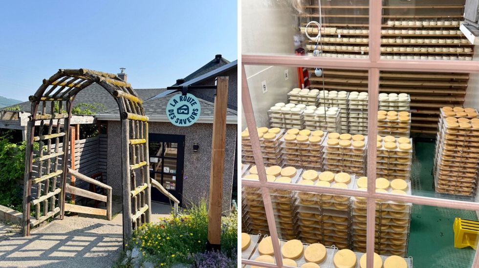 The entrance to a stop on Charlevoix's Route des Saveurs. Right: A view through a window of rows of cheeses being made.