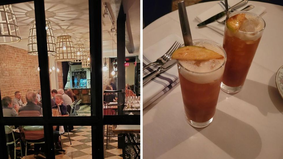 The entrance to La Fabrique. Right: House cocktails with an apple garnish.