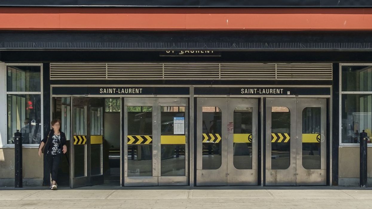 The entrance to Saint-Laurent station on the Montreal metro green line.