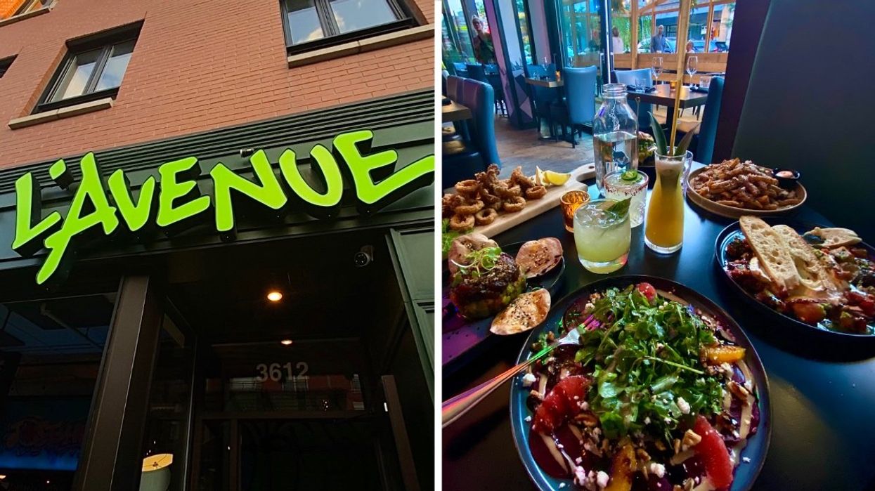 The exterior and sign of Montreal restaurant L'Avenue, Right: A number of dishes including the beet salad, burrata, and fried calamari from L'Avenue's new dinner menu.