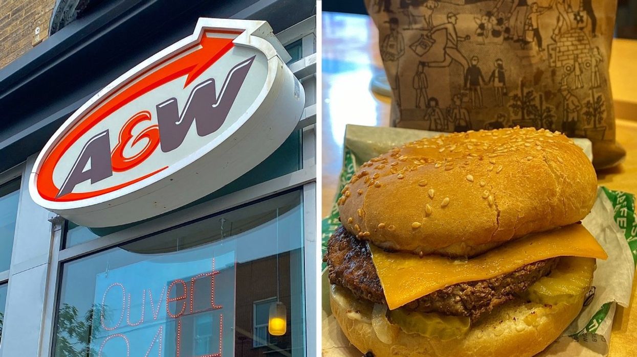 The exterior of a A&W restaurant in Montreal, Quebec, Right: A photo of the new Spicy Dill Pickle Mama Burger from A&W.