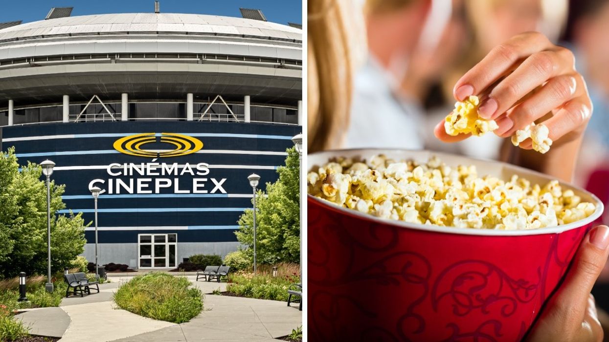 The exterior of a Cineplex cinema in Laval, Quebec. Right: A person earning a bucket of popcorn at a movie theatre.