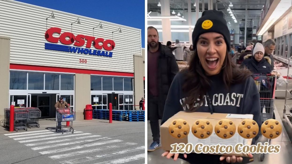 The exterior of a Costco Canada Wholesale. Right: A person holding a box of 120 frozen Costco chocolate chip cookies in Toronto.