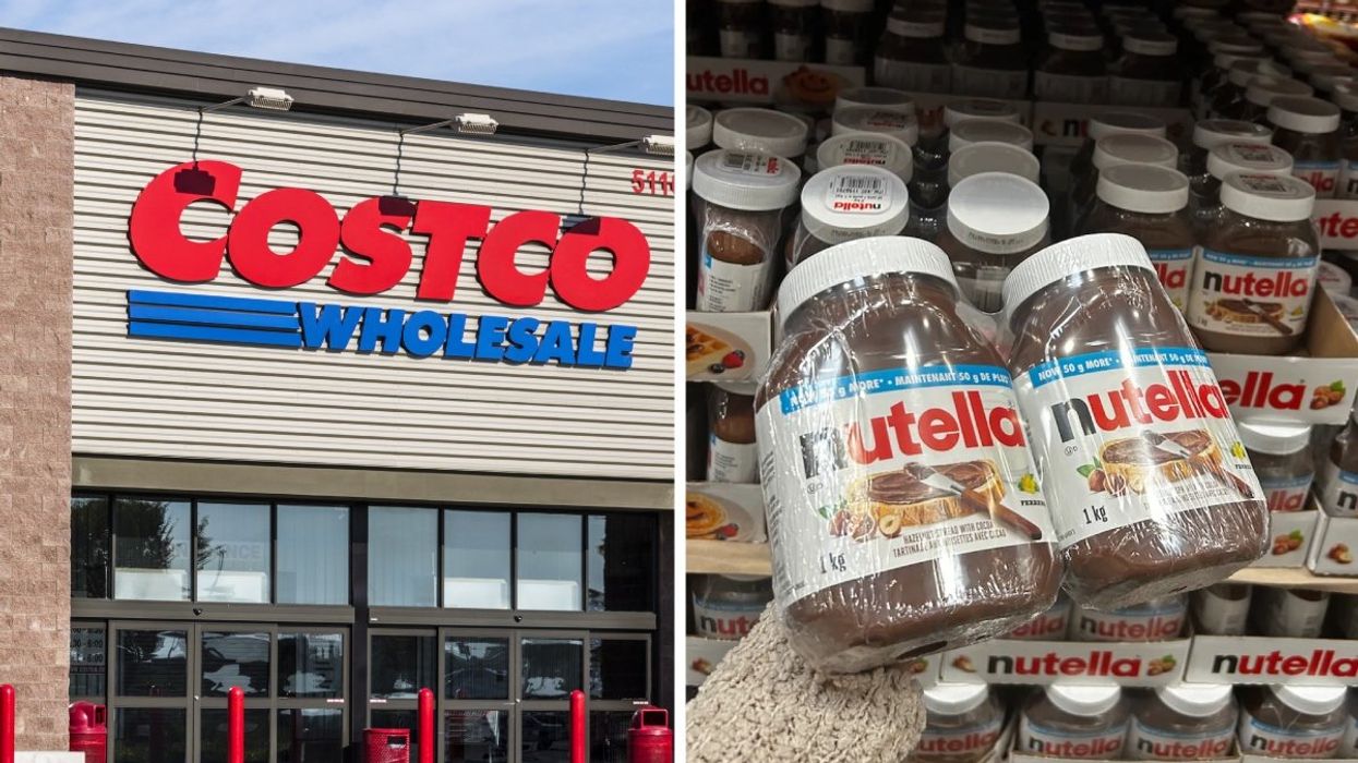The exterior of a Costco Wholesale store. Right: A person holding up two 1 kg jars of Nutella at Costco in Montreal, Quebec.