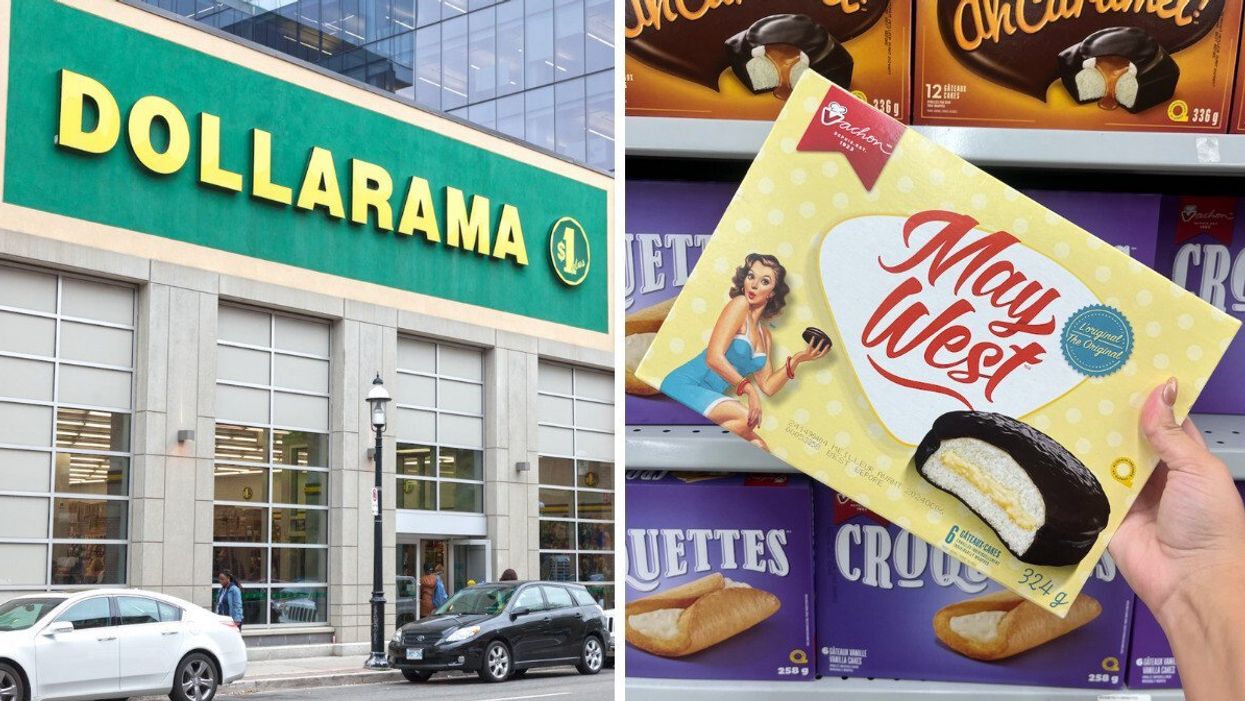 The exterior of a Dollarama store. Right: A hand holds up Vachon cakes.