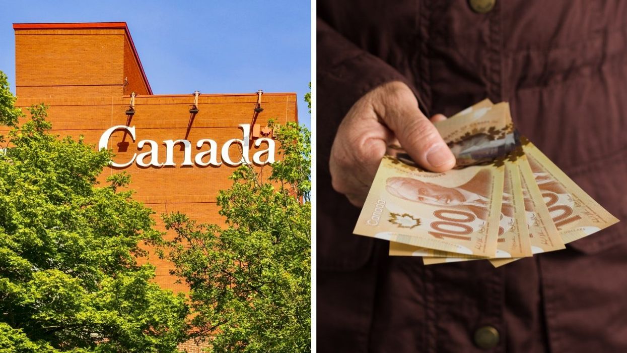 The exterior of a Government of Canada building during the summertime surrounded by trees and lush greenery. Right: A person holding four Canadian $100 bills.