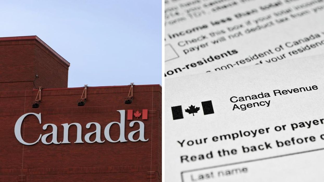 The exterior of a Government of Canada building, Right: A Canada Revenue Agency tax form.