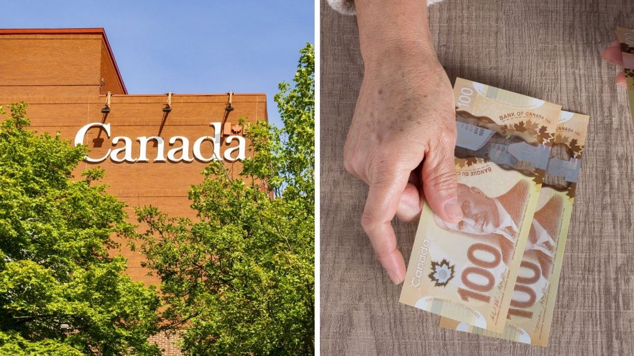 The exterior of a Government of Canada building. Right: A person holding two Canadian $100 bills. 