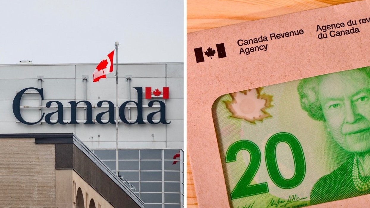 The exterior of a Government of Canada building with the Canadian flag flying on the roof. Right: A Canadian $20 bill inside a CRA envelope. 