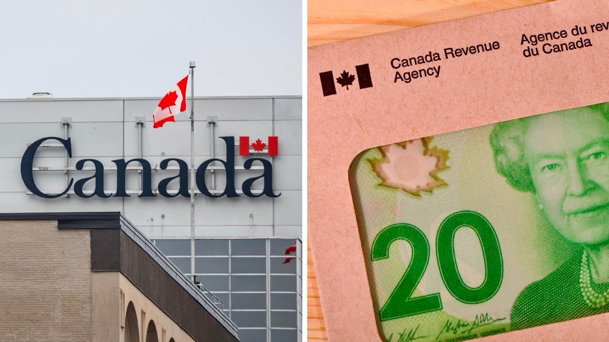 The exterior of a Government of Canada building with the Canadian flag flying on the roof. Right: A Canadian $20 bill inside a CRA envelope. 